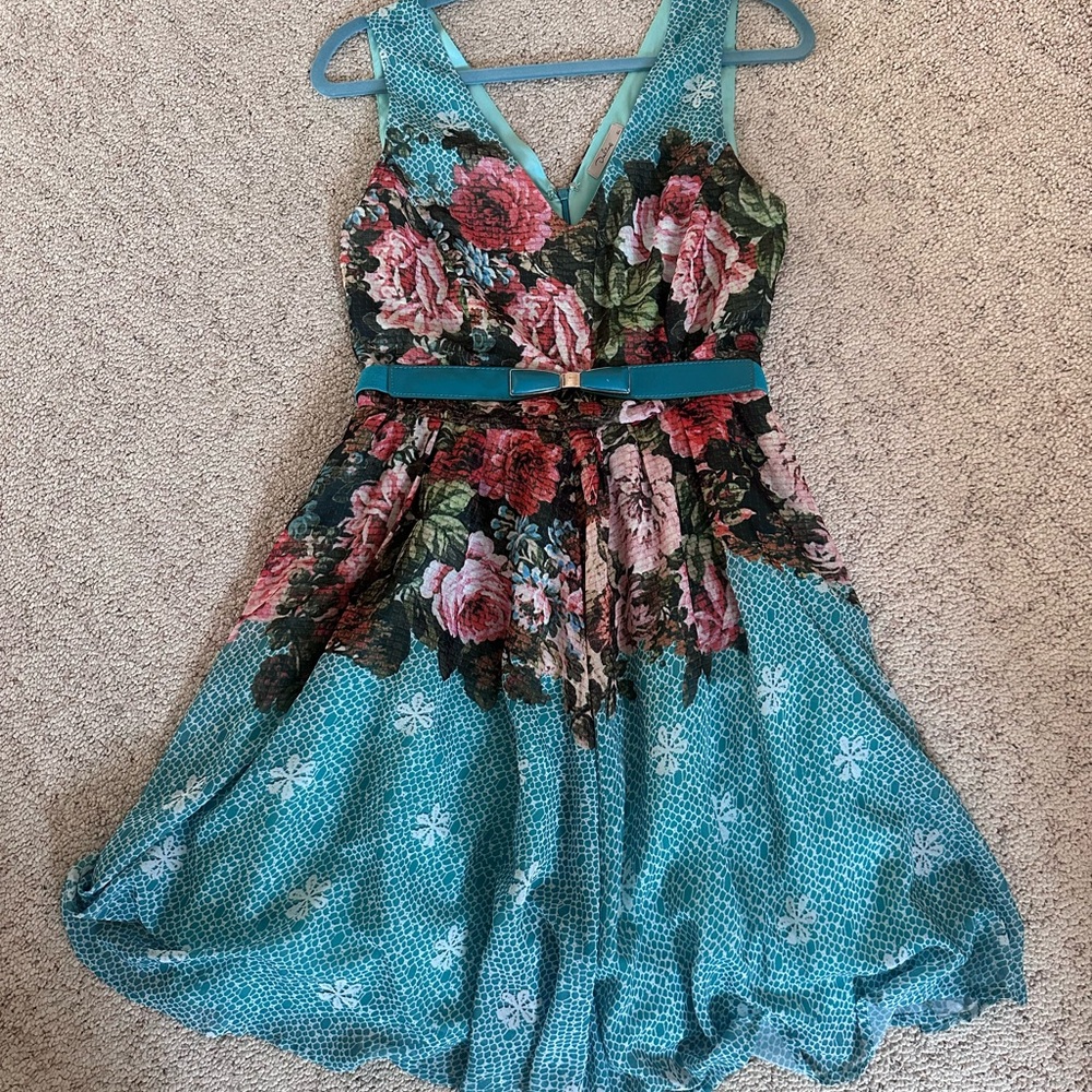 Floral Teal Dress with Belt